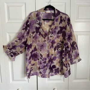 Alfred Dunner Shirt Womens 2XL Purple Beige Floral Sheer Button Up Blouse 20W